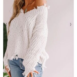 Wish list white / cream knit sweater with worn details size M/L V-neck western